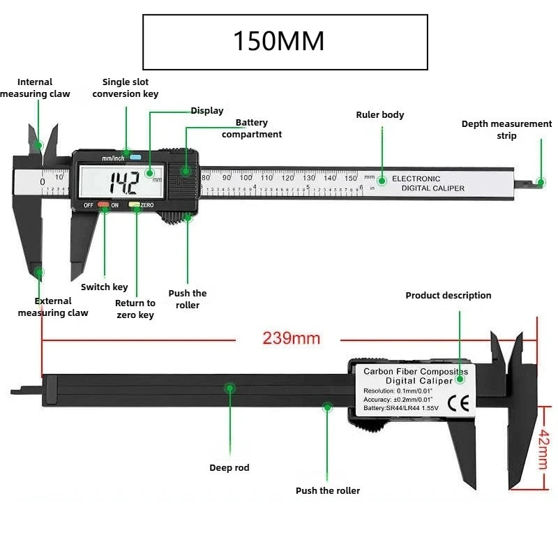 100/150mm Digital Caliper Vernier Caliper Gauge Measuring Tool for Carpentry Tools with Carbon Fiber Dial and Electronic Ruler