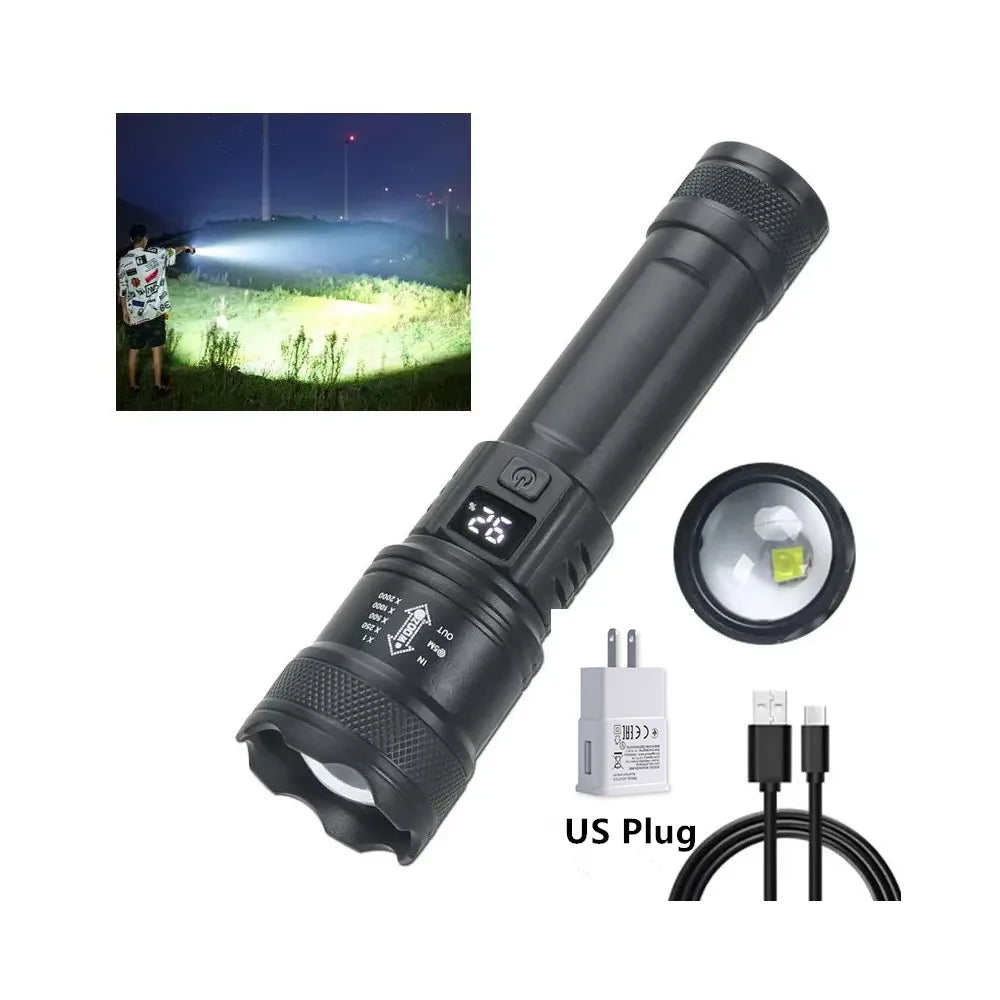 High Strong Power LED Flashlight Tactical Torch USB Rechargeable Zoom Emergency Lights For Outdoor Fishing Work Lighting Lamp