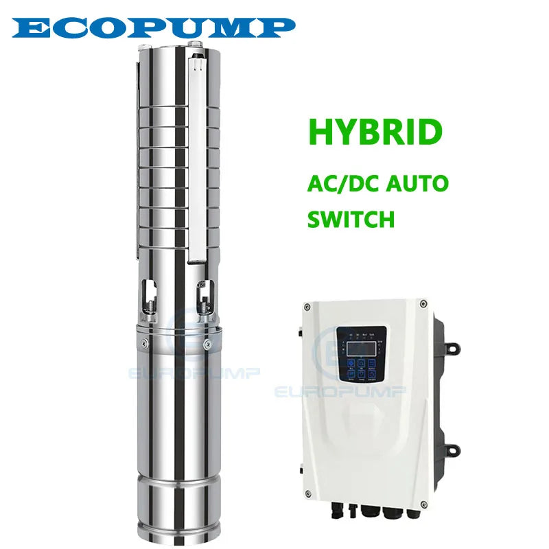 HYBRID SOLAR PUMP outlet 1.25" 2HP AC/DC AUTO-SWITCH 4" Submersible Pump Max head 168m Max Flow 7T/H Model: 4JSC7-168-D110-1500