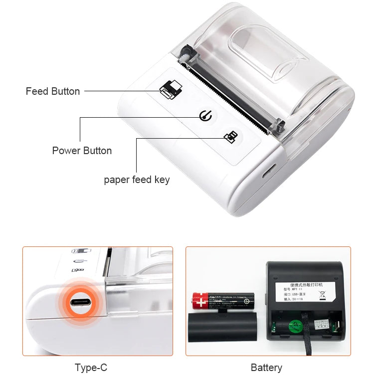 58MM Portable Mini Thermal Printer Bluetooth Thermal Printer For Small Business Printer Computer-Mobile Connection IOS Android
