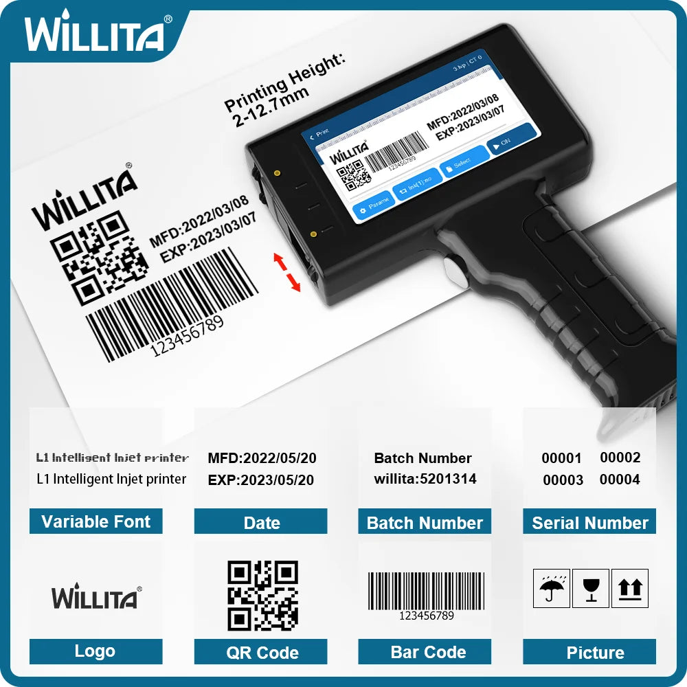 Willita Portable Handheld Inkjet Printer - Date/Batch No./Barcode/QR Code/Logo Printer for Labels Coding Industrial Inkjet Coder